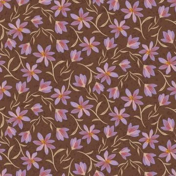 Purple wildflowers seamless vector pattern on brown Stock Illustration