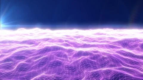 Purple wireframe wave terrain with bright lens flare and glowing horizon, f.. Stock Illustration