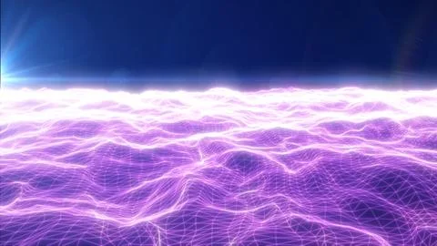 Purple wireframe wave terrain with bright lens flare and glowing horizon, f.. Stock Illustration