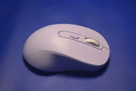 A purple wireless computer mouse isolated on blue background Stock Photos