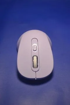 A purple wireless computer mouse isolated on blue background Stock Photos