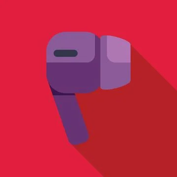 Purple wireless earbud casting a long shadow on a vibrant red background, sym Stock Illustration