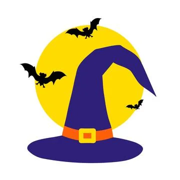Purple witch hat on the background of the moon with bats Stock Illustration