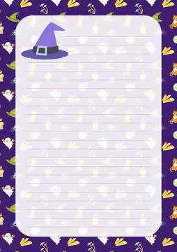 Purple witch hat. Note paper. Page. Halloween notebook sheet. Cartoon, flat Stock Illustration