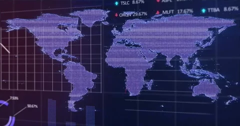 Purple world map analytics dashboard pulling live feed expanding grids, plotting Stockbeeldmateriaal 333902766
