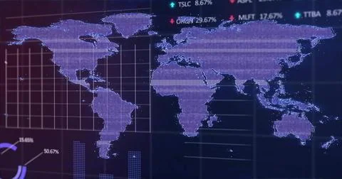 Purple world map analytics dashboard pulling live feed expanding grids, plotting Stock Illustration