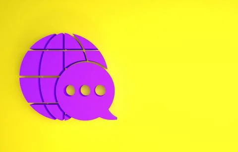 Purple World map made from speech bubble icon isolated on yellow background.  Stock Illustration