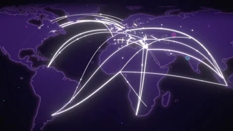 Purple World Map In Perspective With Hub Communication Routes Radiating Outward Stockbeeldmateriaal 343110113
