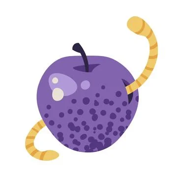 Purple Wormy Apple Flat Vector Illustration Isolated on White. Halloween Stock Illustration