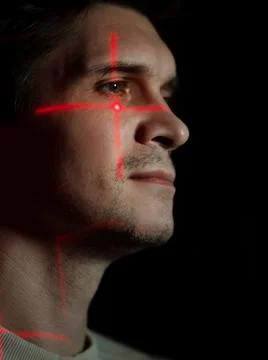 Purpose, technology and human, concept. A young man with projections on his face Foto stock