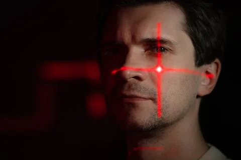 Purpose, technology and human, concept. A young man with projections on his face Foto stock
