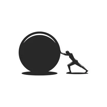 Purposeful man pushes a round stone to achieve his goal, black and white illu Stock Illustration