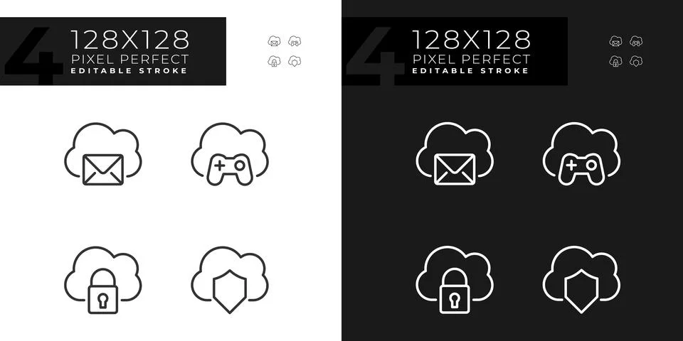 Purposes of cloud computing pixel perfect linear icons set for dark, light mode 스톡 일러스트