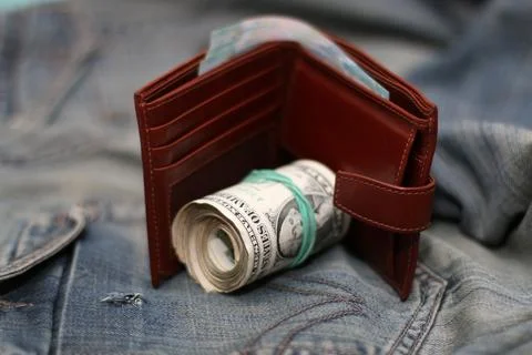Purse bundle of dollars Stock Photos