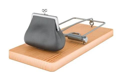 Purse inside mousetrap, 3D rendering Stock Illustration