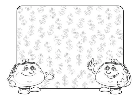 Purses and poster with dollars, contour Stock Illustration