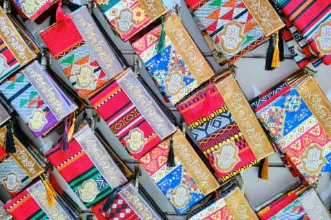 Purses with Arabic ornament and pattern of Fatima's hand symbol Stock Photos