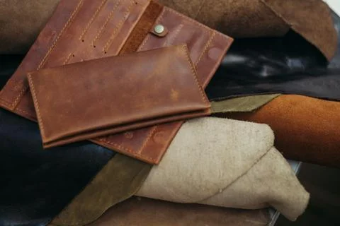 Purses in different styles which made from colorful genuine leather Stock Photos