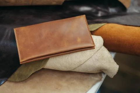 Purses in different styles which made from colorful genuine leather Stock Photos