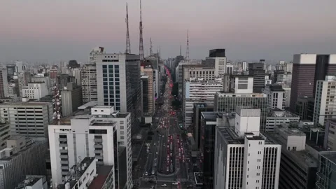 Push In Ascend Avenida Paulista Through Dawn Mist Stockbeeldmateriaal 344752672