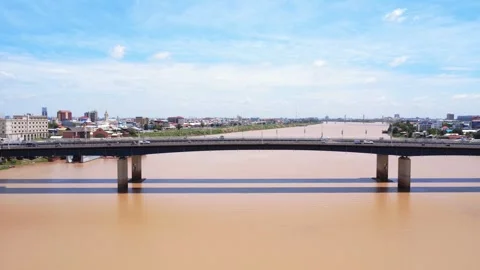 Push back Aerial View of Japan Bridge Over Mekong River in Phnom Penh city Video stock 312270965