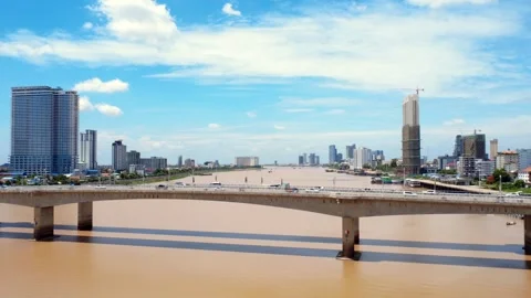 Push back Aerial View of Japan Bridge Over Mekong River in Phnom Penh city Video stock 312427338