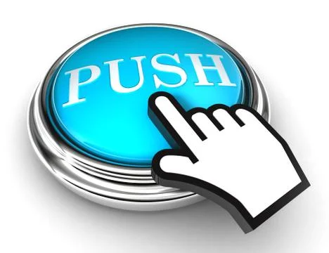 Push blue button and pointer hand Stock Illustration