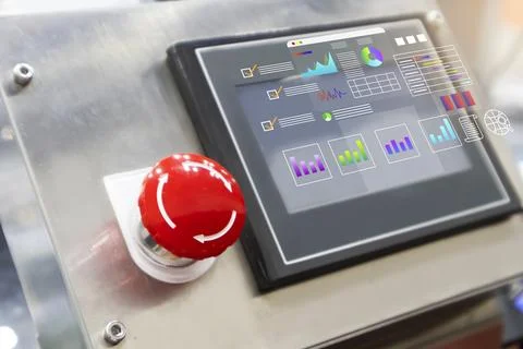Push button switches and digital display screens, operating systems in indu.. Stock Photos