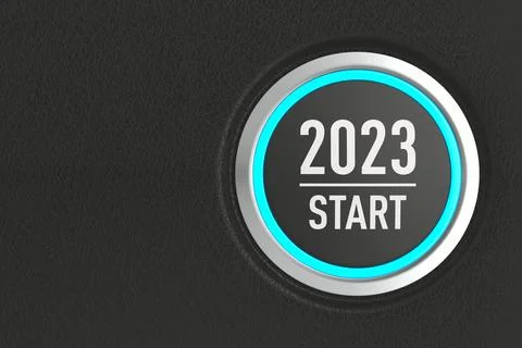 Push button with tex 2023 on dark background. 3D illustration Illustrazione stock