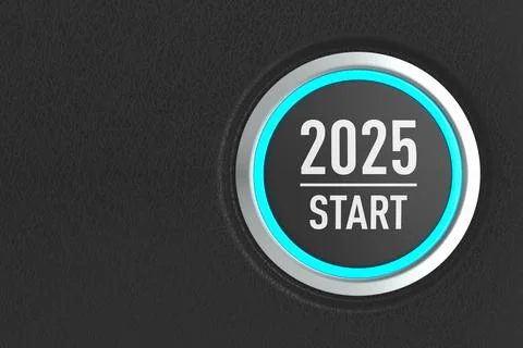 Push button with tex 2025 on dark background. 3D illustration Illustrazione stock