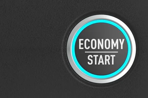 Push button with text economy start on dark background. 3D illustration Illustrazione stock