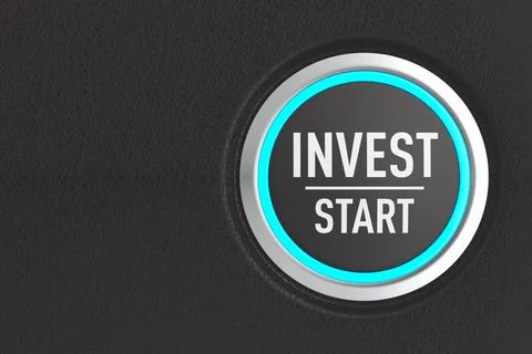 Push button with text invest start on dark background. 3D illustration Illustrazione stock