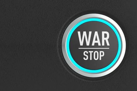 Push button with text stop war on dark background. 3D illustration Illustrazione stock