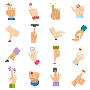 Push button vector hand pushing control-button and finger pressing knobby Stockillustratie