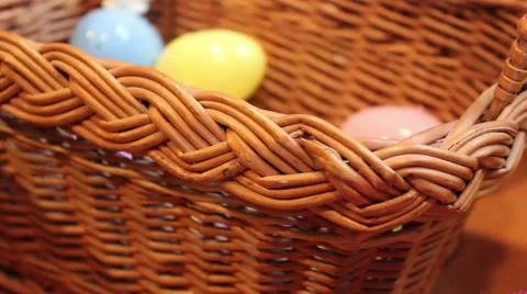 Push In To Easter Eggs and Bunny Candy In Basket Stock Footage 63009786