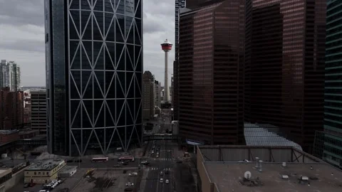 Push Forward Aerial Footage Toward Calgary Tower Along Centre Street Видео 336354655