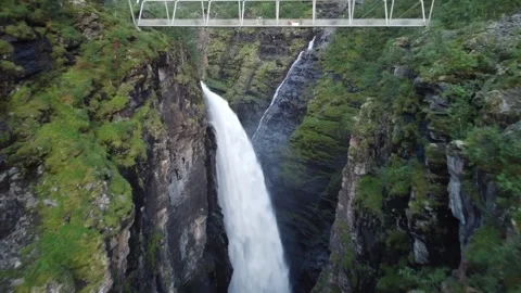 Push Forward Approaching Gorzifossen Waterfall Beneath Gorsabrua Bridge Stock Footage 345185870
