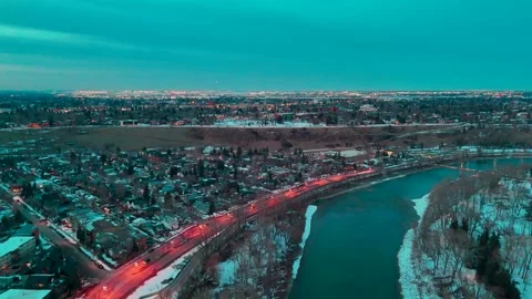 Push forward cinematic footage facing Crescent Hills Calgary Alberta Stock Footage 332368030