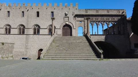 Push forward to the entrance of the gothic papal palace in Viterbo, Lazio Stock Footage 152894057