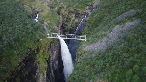 Push Forward Toward Gorsabrua Bridge Over Gorzi Waterfall Portraying Dramatic Stock Footage 344319527