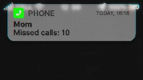 Push Notification Mom missed calls appear on old display. Pixeled text animation Video stock 142927774