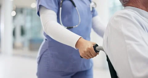 Push, nurse helping or old man in wheelchair for healthcare service or support Stock Footage 255060400