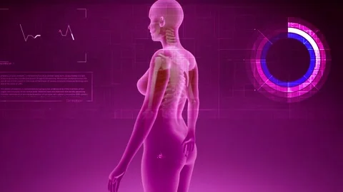 A Push out from pink 3D female model spinning as X-ray and HUD info scans chest Stock Footage 155222148