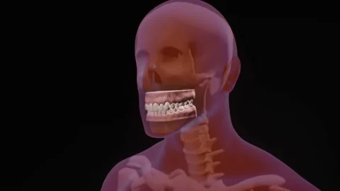 A Push out from teeth through transparent 3D blue man behind black background Video stock 155221331