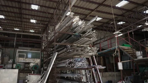 Push out wide shot of a dangerous metal industrial factory Stock Footage 232586904