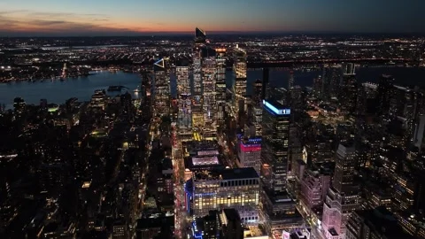 Push In Over Midtown Toward the Hudson at Night Stock Footage 345289306