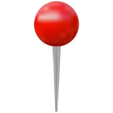 Push pin 3D plastic style vector icon, realistic thumbtack with red ball, map Illustrazione stock