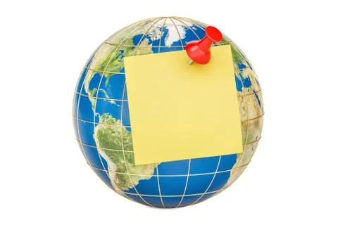 Push pin with blank yellow sticky note on globe, 3D rendering Stock Illustration