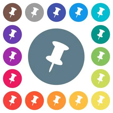Push pin flat white icons on round color backgrounds Stock Illustration