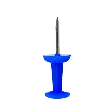 Push pin isolated on a white background, close-up blue stationery pin Stock Photos